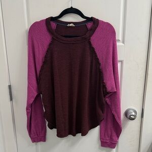 Anthropologie Pilcro Ruffled Raglan Thermal Top Medium Pink Burgundy Pullover